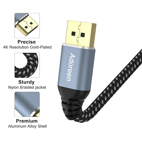 Adoreen Adoreen 25ft DisplayPort Cable 4K 60Hz Braided DP 1.2 for Gaming Monitor PC Laptop TV with 5 Velcro Cable Ties - View 3 of 7