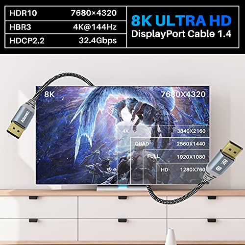 Adoreen VESA Certified 8K DisplayPort 1.4 Cable 3 Feet 2 Pack Adoreen DP Cord 8K 60Hz 4K 144Hz 2K 240Hz 32.4Gbps HBR3 HDCP HDR FreeSync G-Sync Braided - View 3 of 7