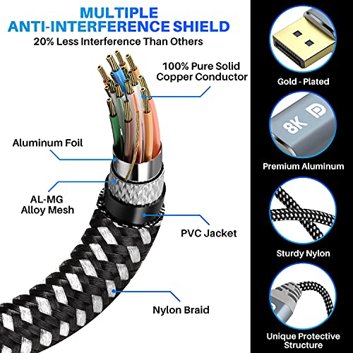 Adoreen VESA Certified 8K DisplayPort 1.4 Cable 3 Feet 2 Pack Adoreen DP Cord 8K 60Hz 4K 144Hz 2K 240Hz 32.4Gbps HBR3 HDCP HDR FreeSync G-Sync Braided - View 5 of 7