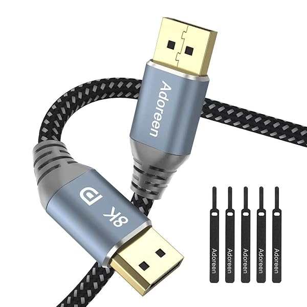Adoreen Adoreen 30ft DisplayPort Cable 1.4 UHD 8K 60Hz 4K 144Hz 2K 240Hz HBR3 HDCP2.2 HDR 32.4Gbps for Gaming Monitors and PCs with Velcro Ties