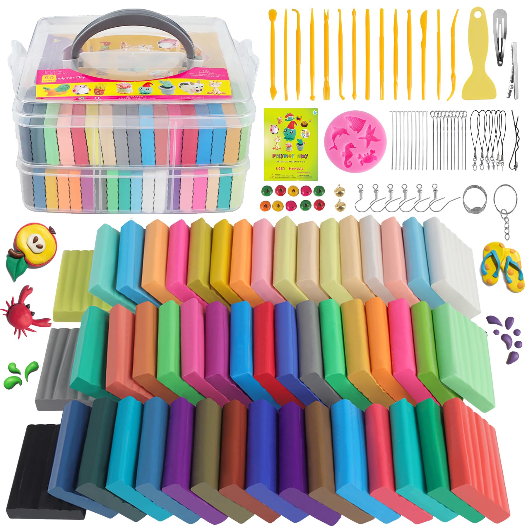 CyAJM Polymer Clay Kits 50 Colors for Kids and Adults DIY Mold Oven Bake Clay with Storage Box Sculpting Tools Ideal Gifts