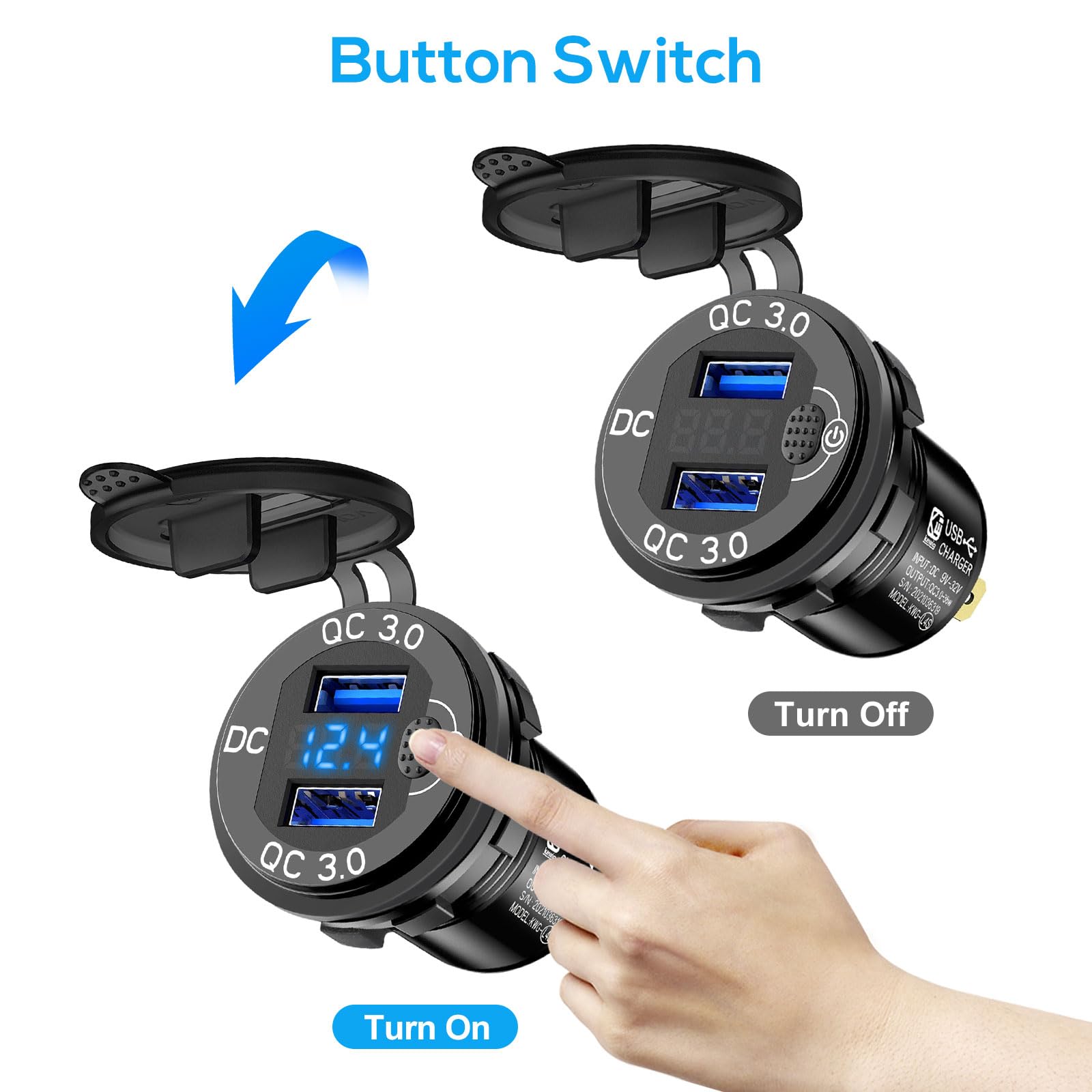 Linkstyle Linkstyle 2PCS 12V USB Outlet, Dual 18W QC3.0 USB A Ports Car Charger Socket with Botton Switch and Blue LED Voltmeter for 12V 24V RV Boat Truck - View 3 of 7