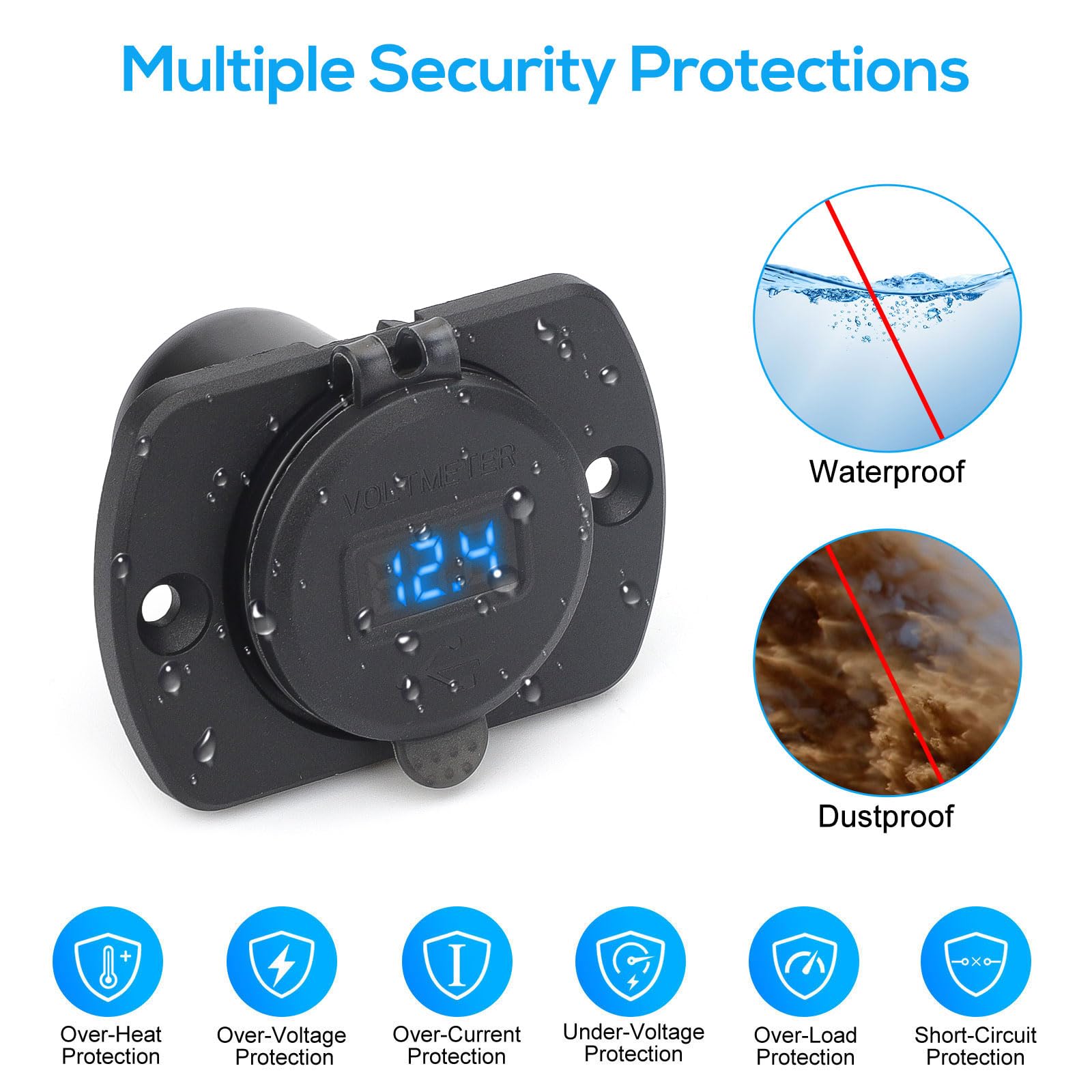 Linkstyle Linkstyle 2PCS 12V USB Outlet, Dual 18W QC3.0 USB A Ports Car Charger Socket with Botton Switch and Blue LED Voltmeter for 12V 24V RV Boat Truck - View 4 of 7