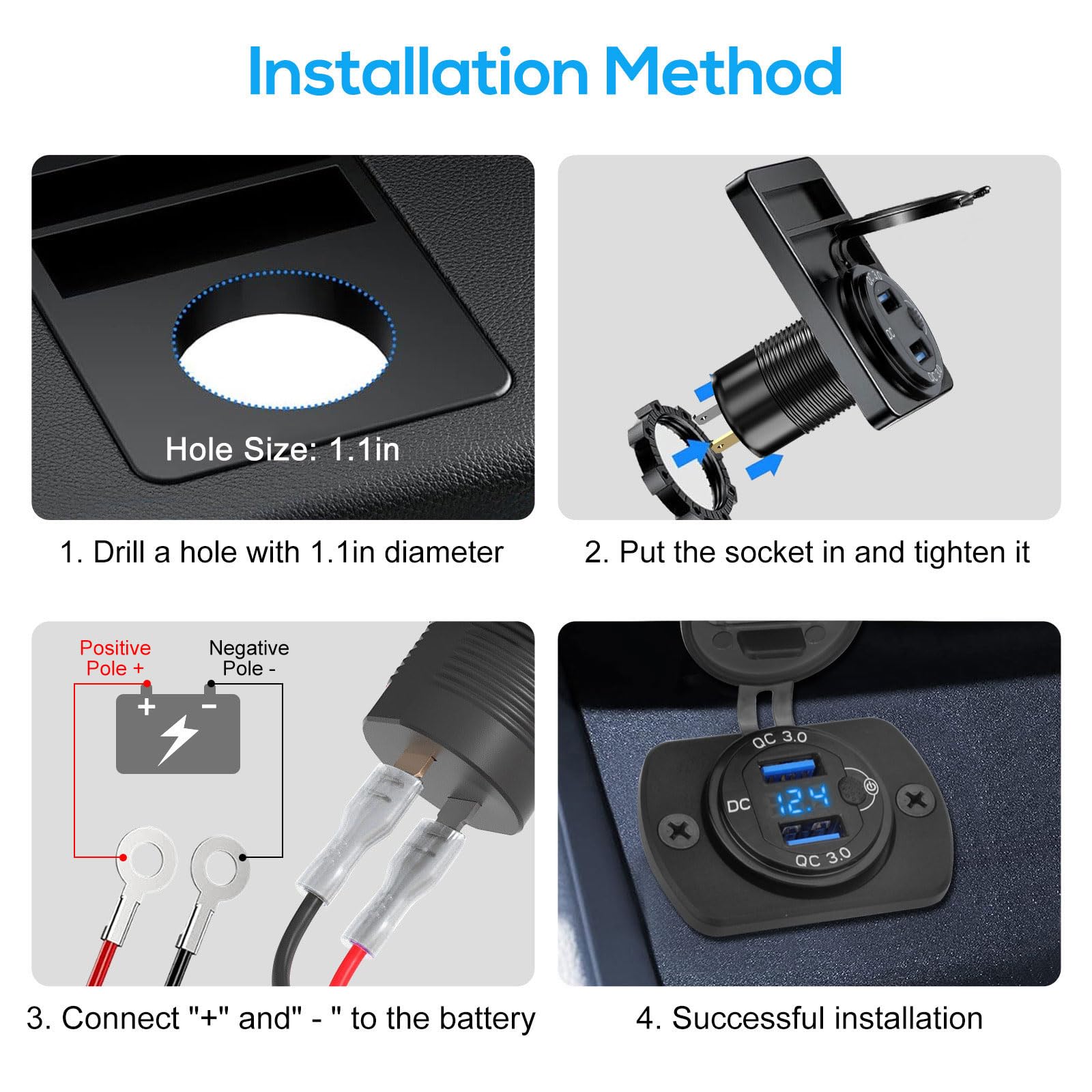 Linkstyle Linkstyle 2PCS 12V USB Outlet, Dual 18W QC3.0 USB A Ports Car Charger Socket with Botton Switch and Blue LED Voltmeter for 12V 24V RV Boat Truck - View 6 of 7
