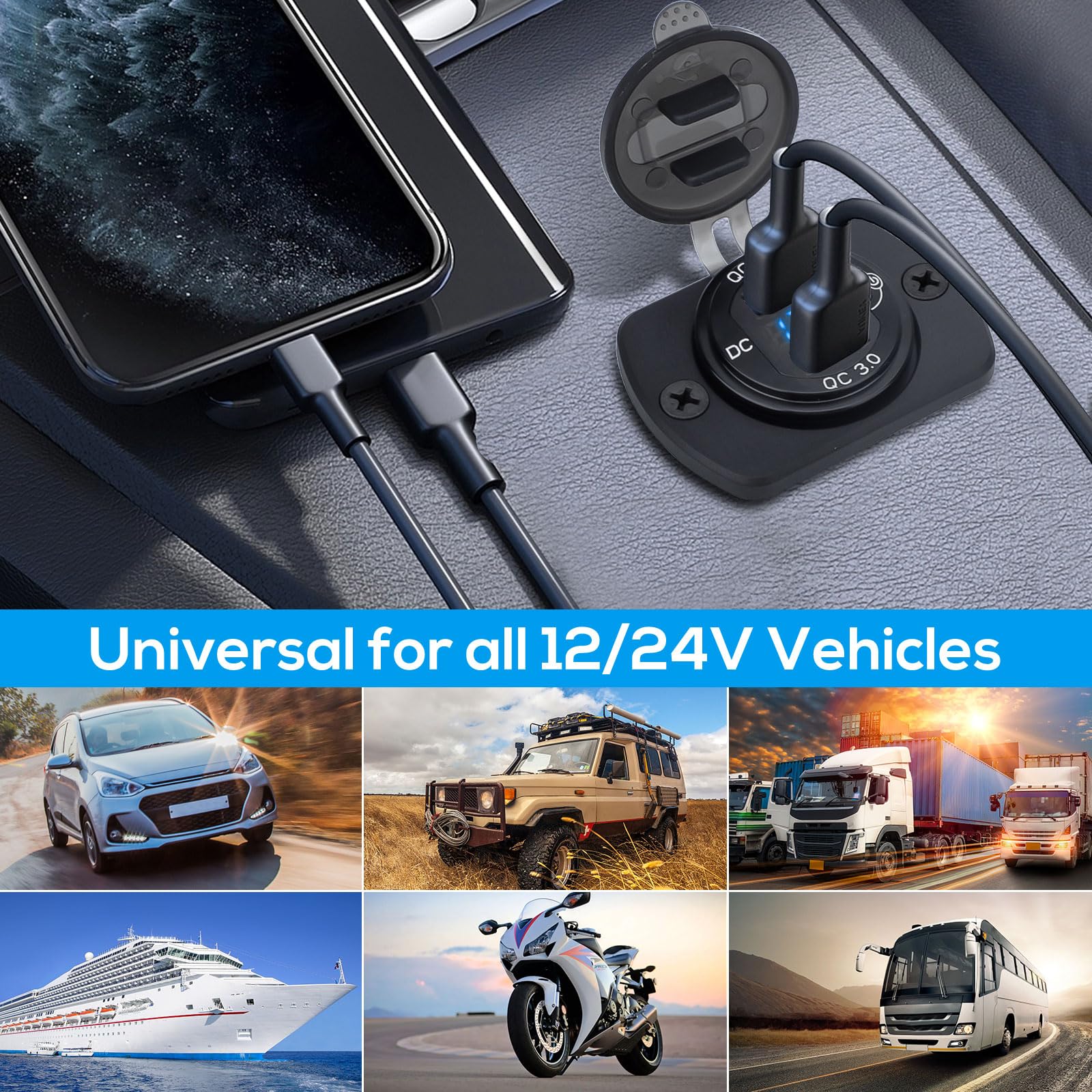 Linkstyle Linkstyle 2PCS 12V USB Outlet, Dual 18W QC3.0 USB A Ports Car Charger Socket with Botton Switch and Blue LED Voltmeter for 12V 24V RV Boat Truck - View 7 of 7