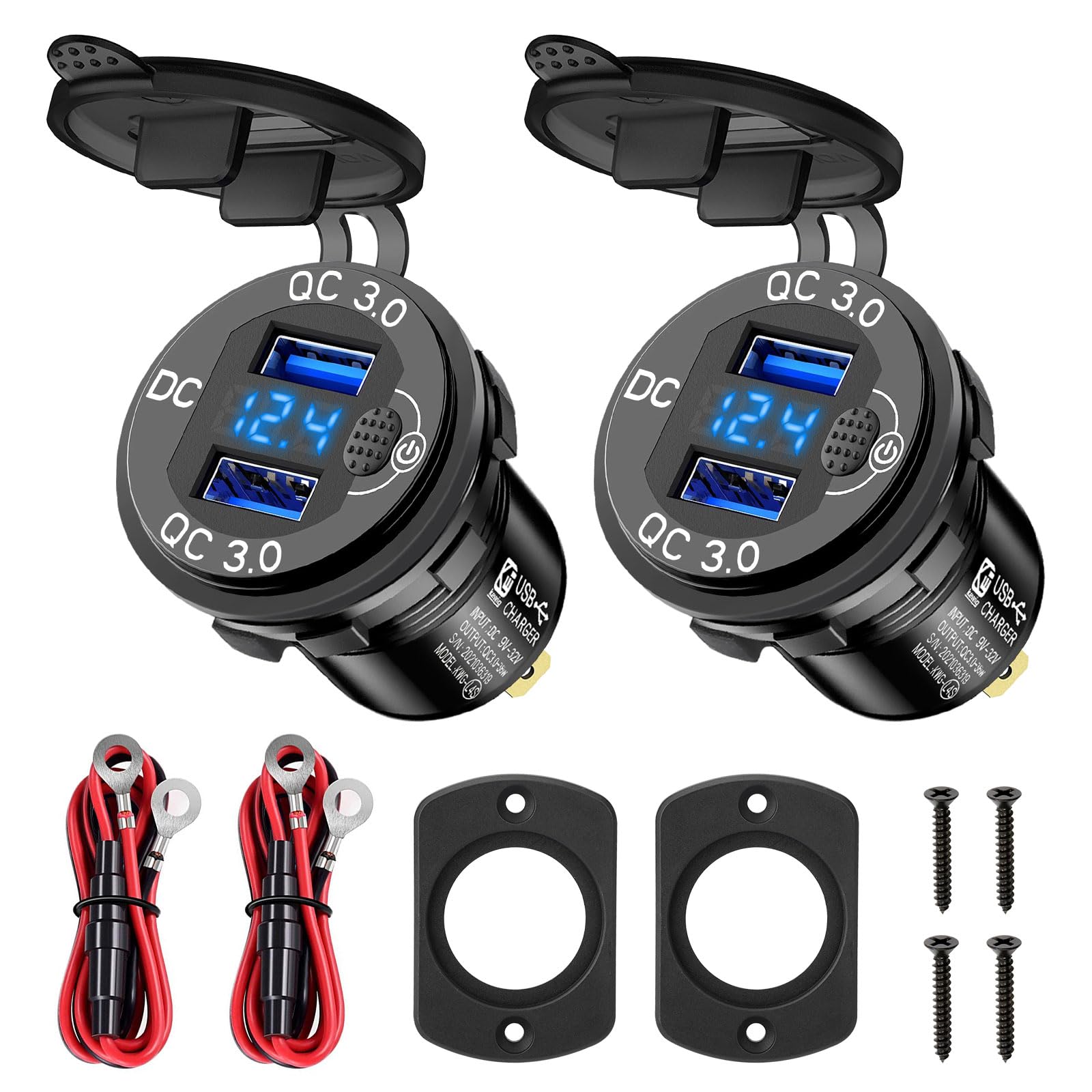 Linkstyle Linkstyle 2PCS 12V USB Outlet, Dual 18W QC3.0 USB A Ports Car Charger Socket with Botton Switch and Blue LED Voltmeter for 12V 24V RV Boat Truck