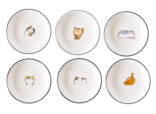 FUYU FUYU 6pcs Cute Cat Ceramic Sauce Dishes - Perfect for Sushi, Dipping & Appetizers
