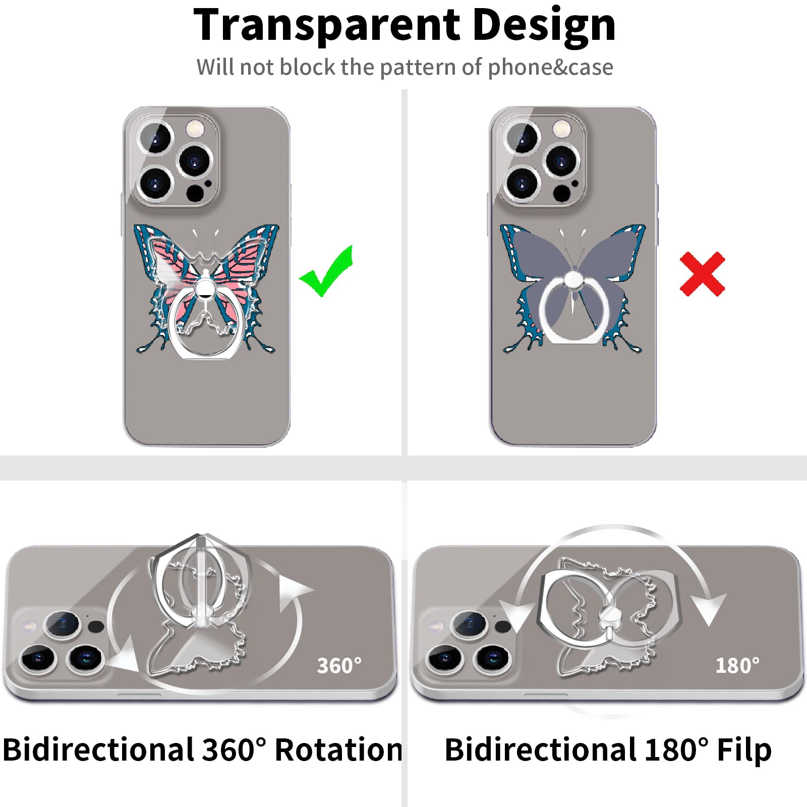 TACOMEGE TACOMEGE Transparent Clear Butterfly Phone Ring Grips Holder, Finger Ring Stand for Cell Phone Tablet Case - View 3 of 6