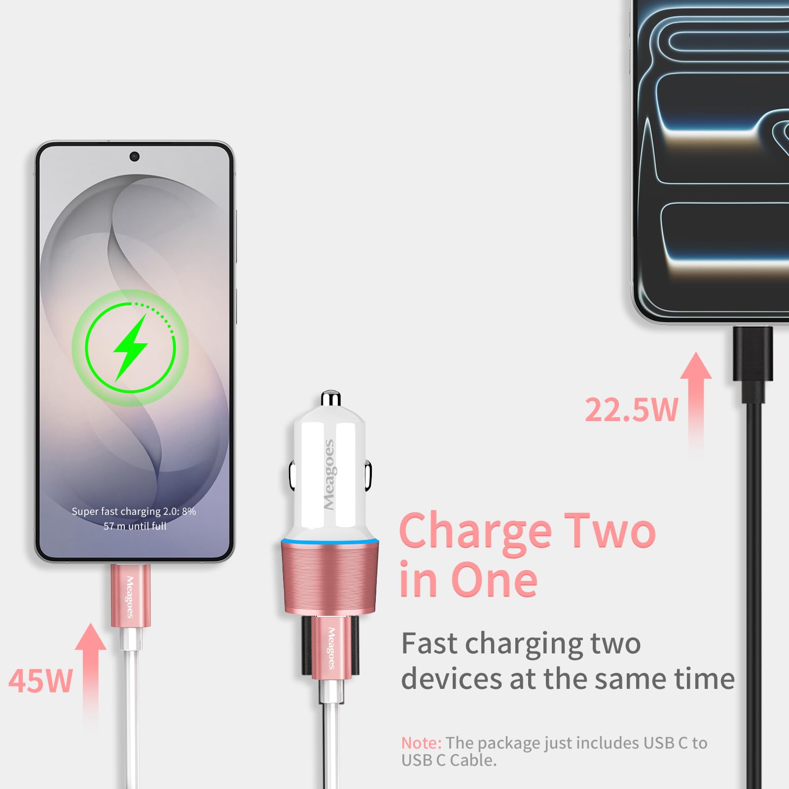 Meagoes Meagoes USB C Car Charger 48W 2-Port Fast Charging Adapter for iPhone 16 15 Pro Max Samsung Galaxy S25 S24 S23 S22 S21 S20 Plus Ultra Note 20 10 iPad Pro 3.3ft Type C Cord - View 3 of 7