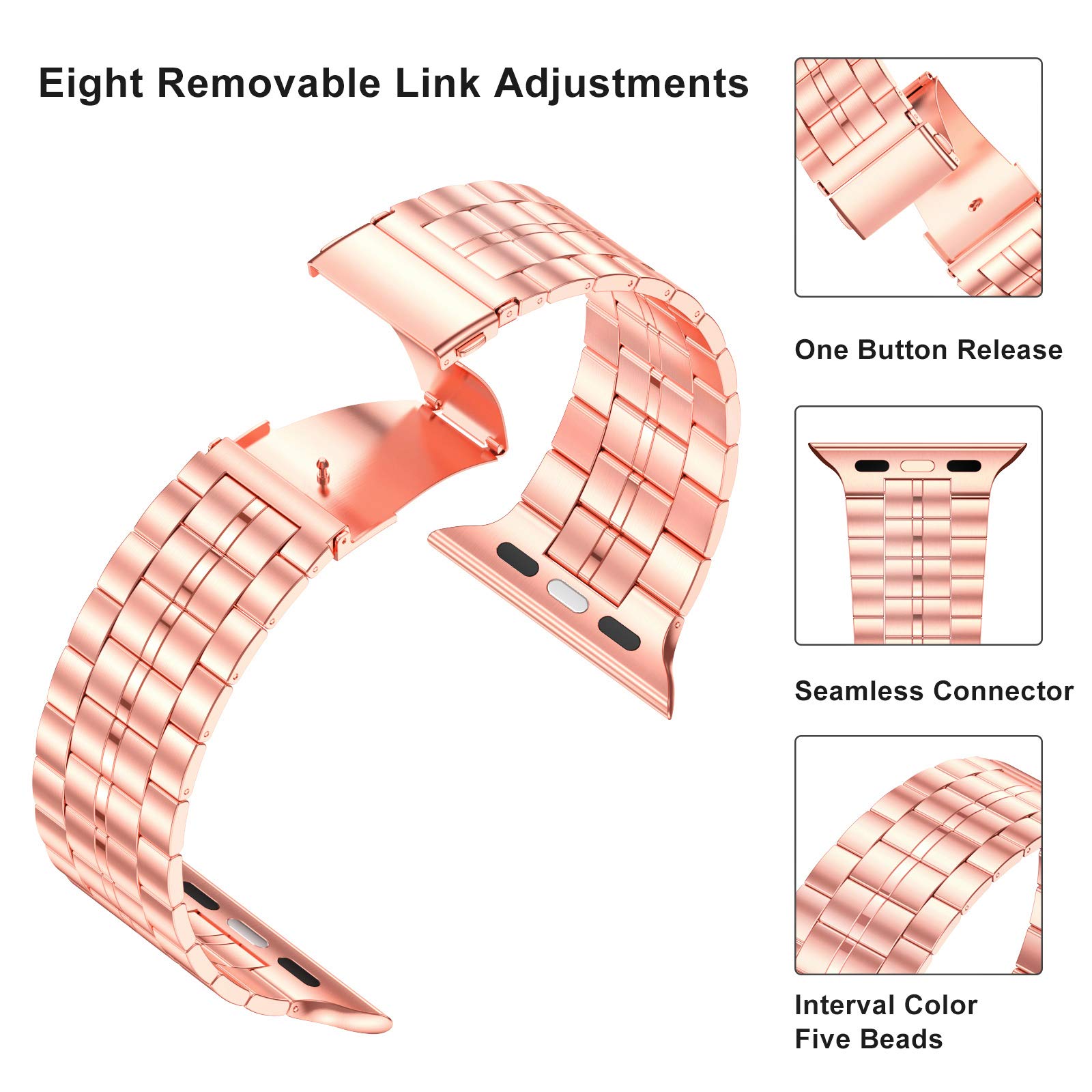 Fitlink Fitlink Ultra Thin Stainless Steel Wristband Strap for Apple Watch 38 to 45mm Replacement Bracelet Compatible with Series 1 to 7 Rose Color - View 4 of 7