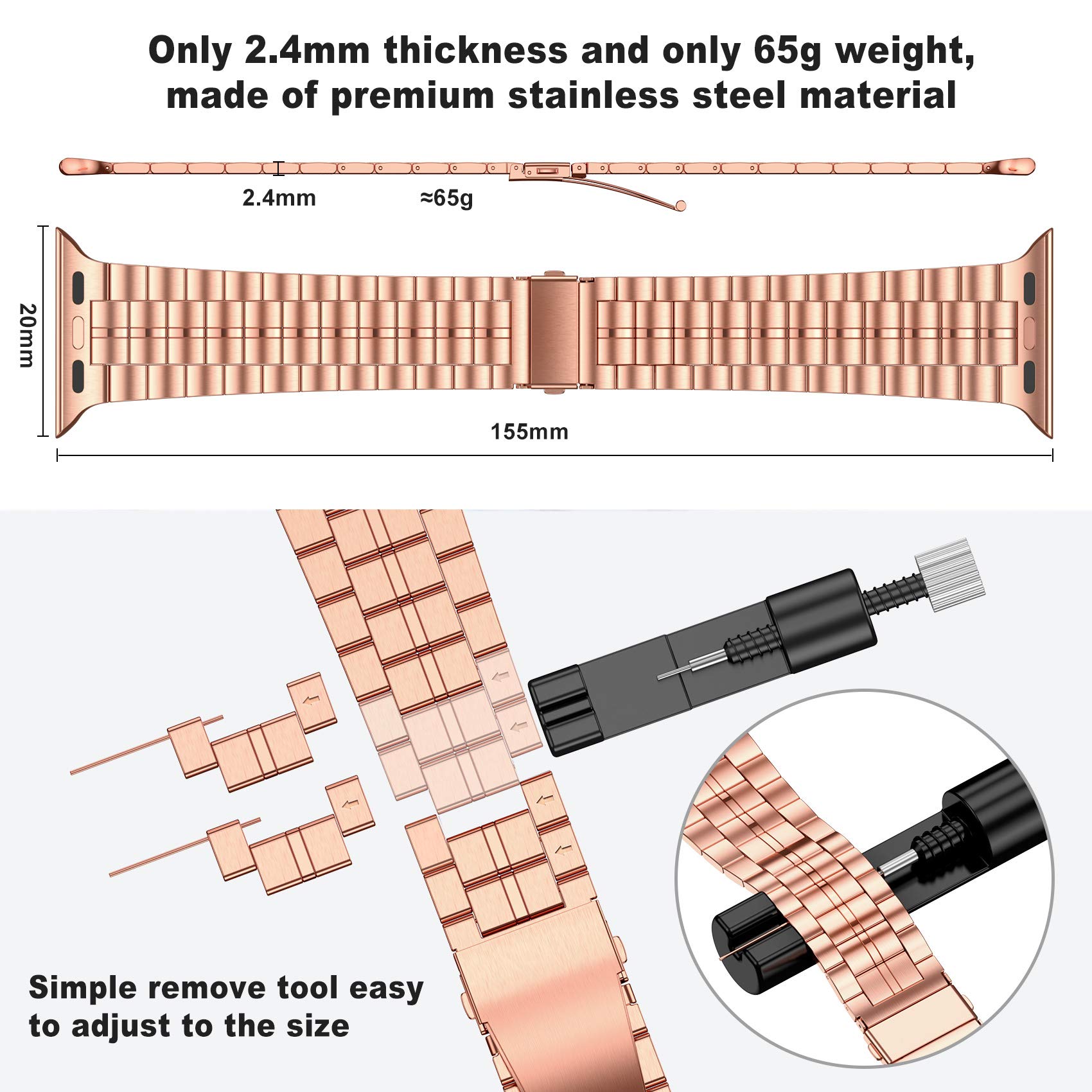 Fitlink Fitlink Ultra Thin Stainless Steel Wristband Strap for Apple Watch 38 to 45mm Replacement Bracelet Compatible with Series 1 to 7 Rose Color - View 5 of 7