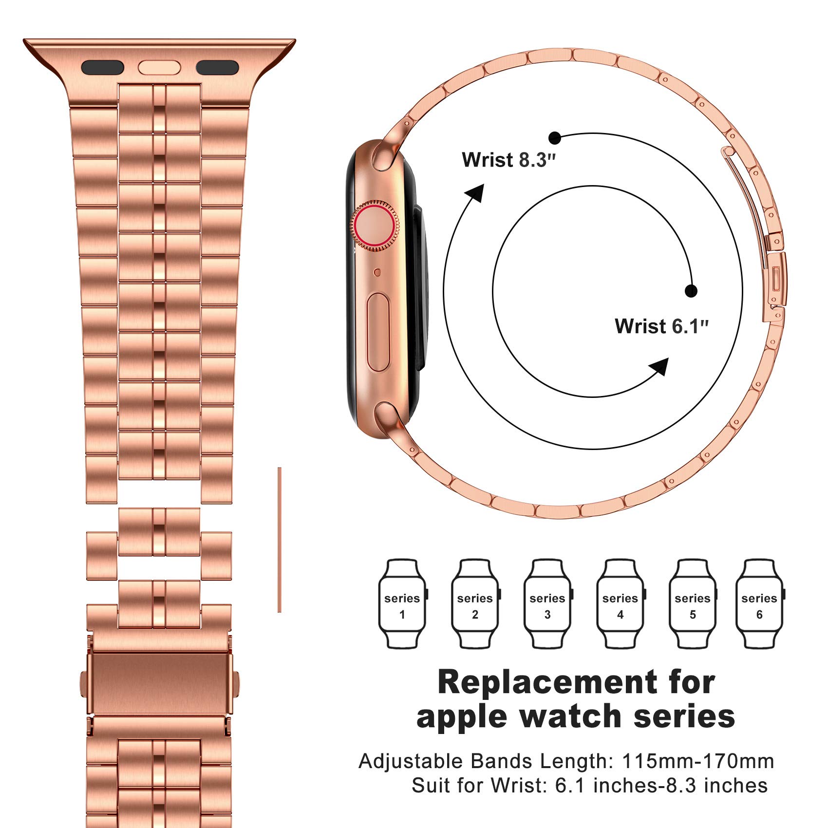 Fitlink Fitlink Ultra Thin Stainless Steel Wristband Strap for Apple Watch 38 to 45mm Replacement Bracelet Compatible with Series 1 to 7 Rose Color - View 6 of 7