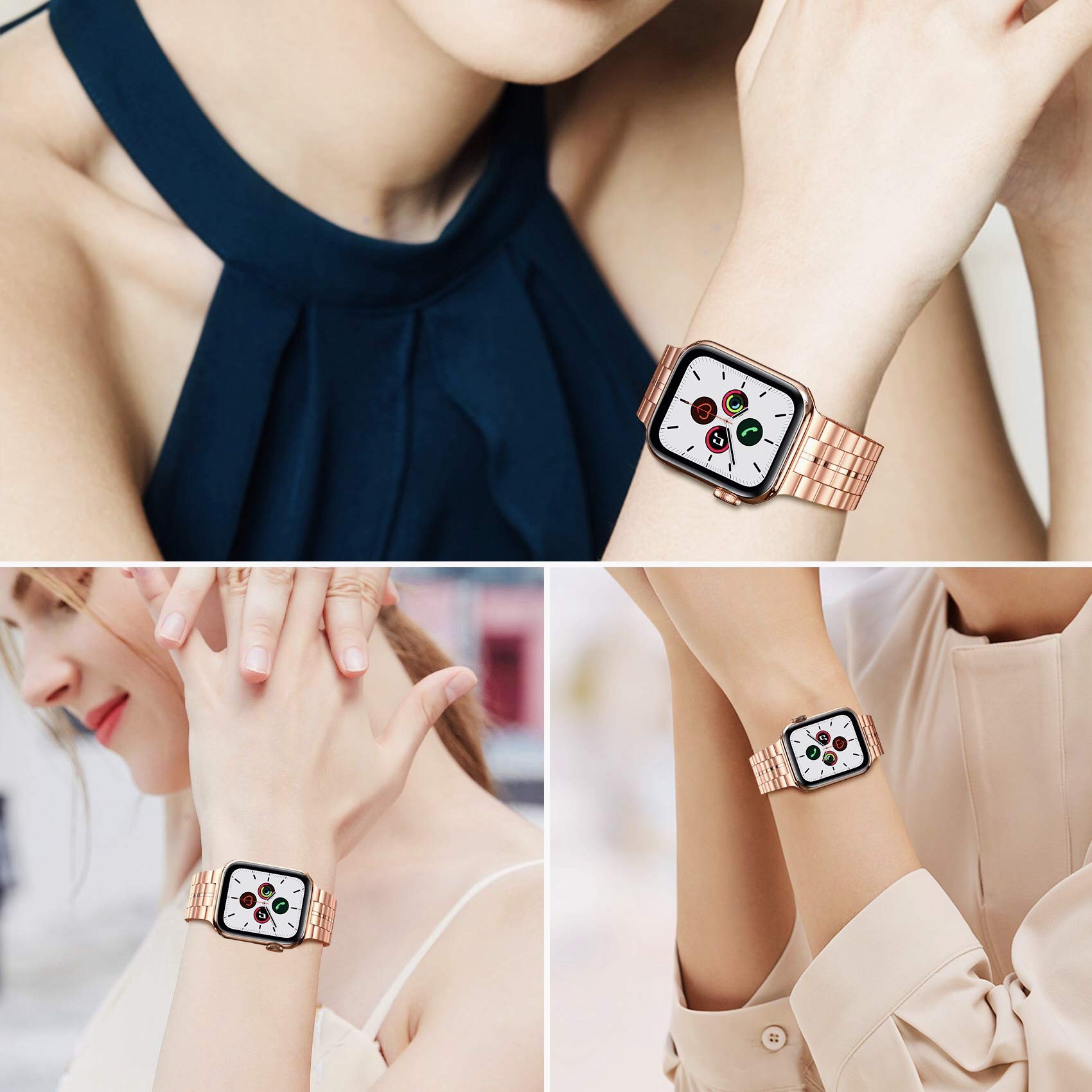 Fitlink Fitlink Ultra Thin Stainless Steel Wristband Strap for Apple Watch 38 to 45mm Replacement Bracelet Compatible with Series 1 to 7 Rose Color - View 7 of 7