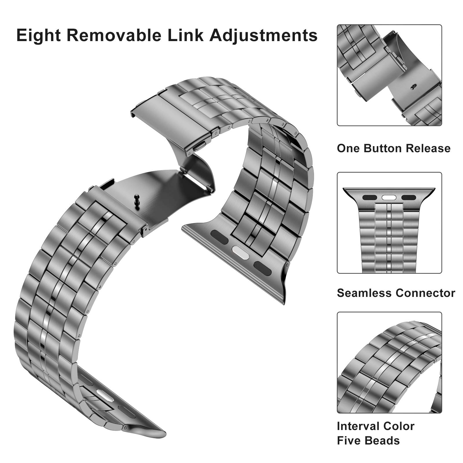 Fitlink Fitlink Ultra Thin Solid Stainless Steel Wristband Strap for Apple Watch 38 to 45mm Replacement Bracelet Band Grey - View 4 of 7