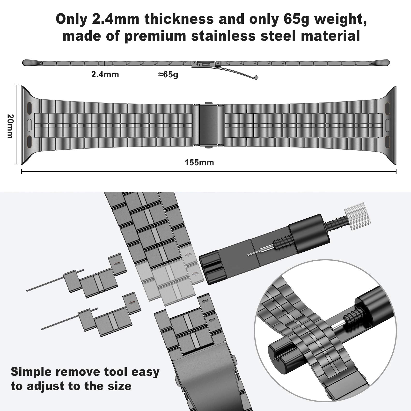 Fitlink Fitlink Ultra Thin Solid Stainless Steel Wristband Strap for Apple Watch 38 to 45mm Replacement Bracelet Band Grey - View 5 of 7