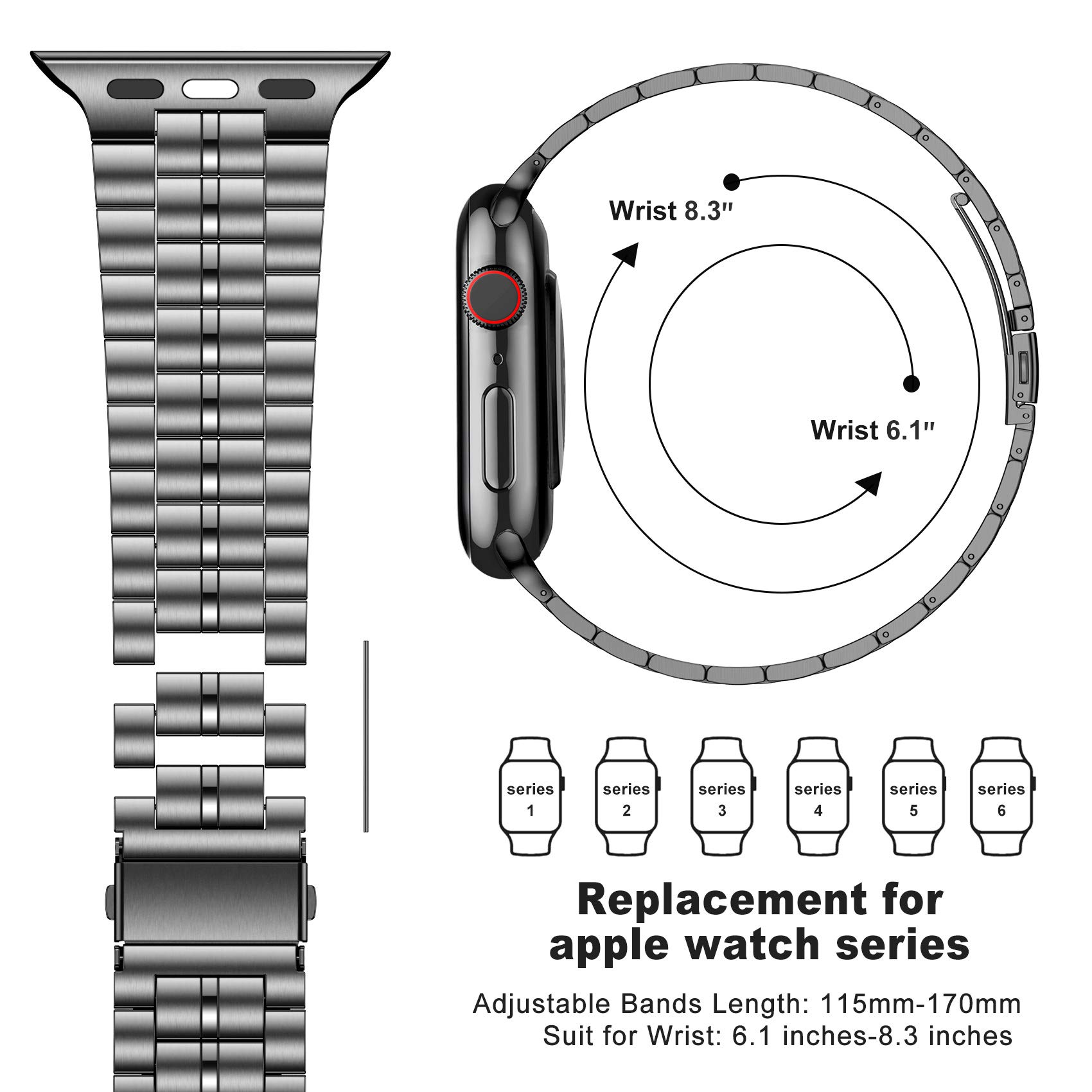 Fitlink Fitlink Ultra Thin Solid Stainless Steel Wristband Strap for Apple Watch 38 to 45mm Replacement Bracelet Band Grey - View 6 of 7