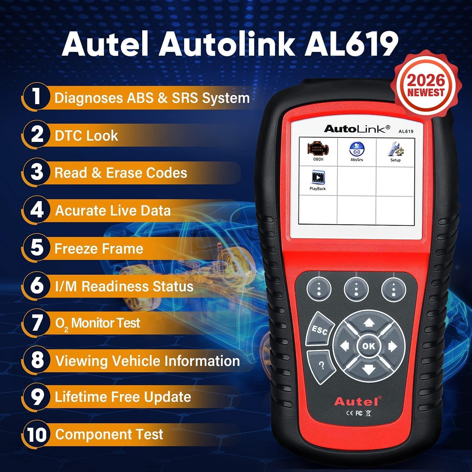 Autel Autel AutoLink AL619 Scanner, 2025 ABS SRS Airbag Warning Light Diagnostic Scan Tool, Up of AL519 ML519 ML619, 10 OBDII Test Modes, DTCs Lookup, Live - View 2 of 8