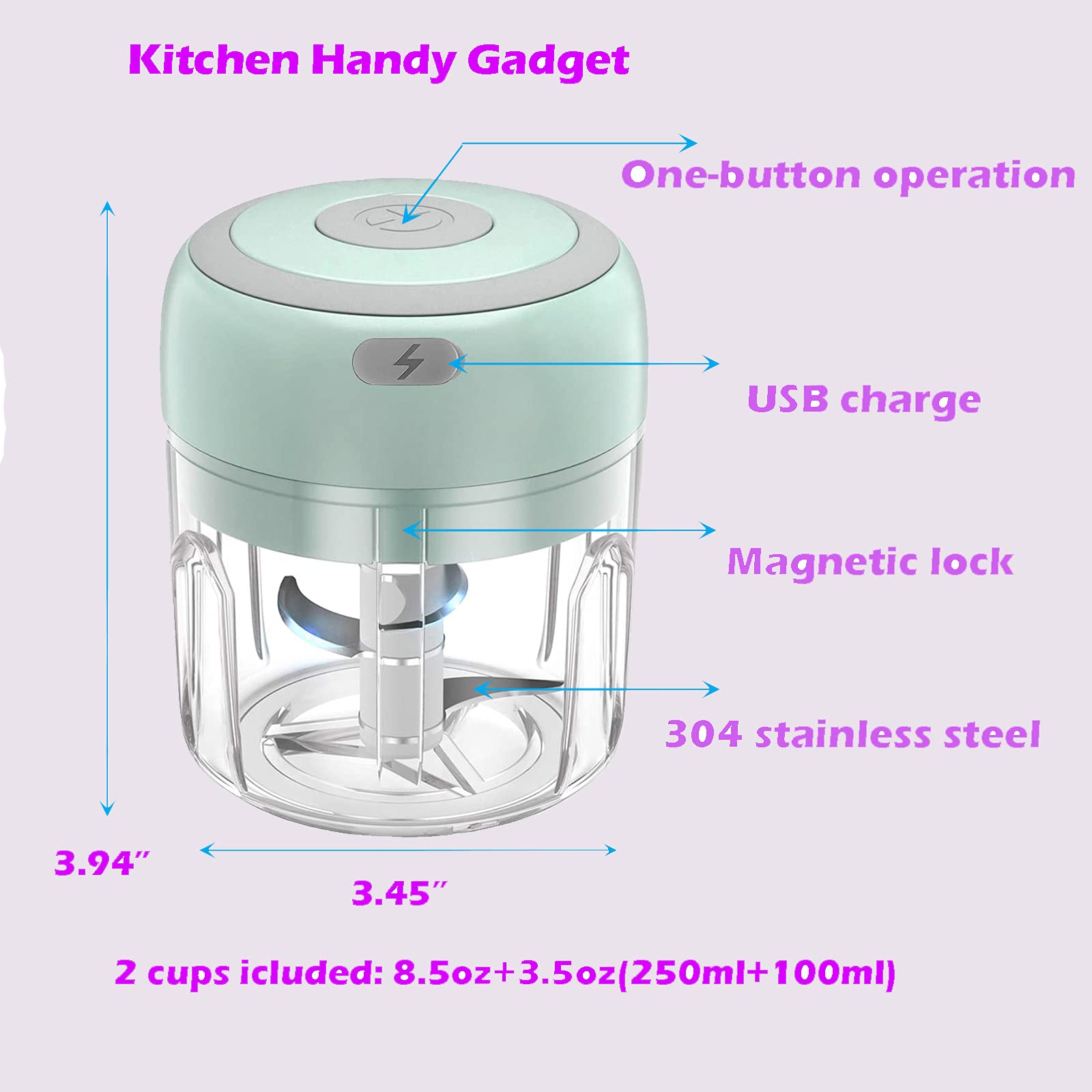 Electric Mini Food Chopper Rechargeable Small Processor for Garlic Onion Veggie Ginger Fruit Blender 250ml 100ml Green - View 6 of 6