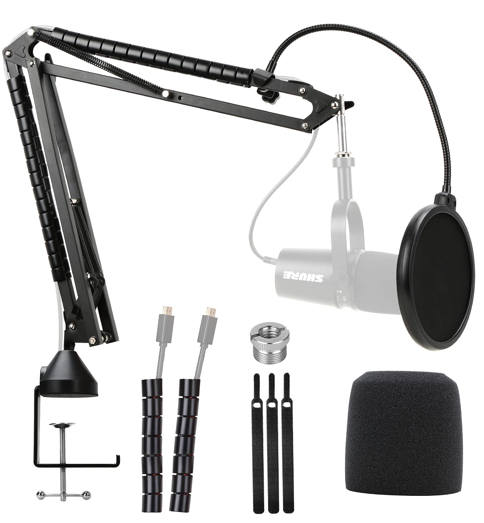 YOUSHARES Enhanced MV7 Mic Stand with Windscreen - Heavy Duty Arm Compatible with Shure MV7 Microphone and MV7X, Boom Arm Stand with Pop Filter