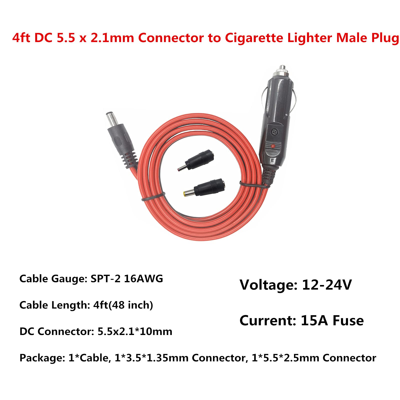 AEISVIK DC 5.5 x 2.1mm Car Charger Power Supply Cord 4ft 12v 24v Cigarette Lighter Male Plug with LED Light 16AWG Wire 15A Fuse for Devices - View 2 of 9