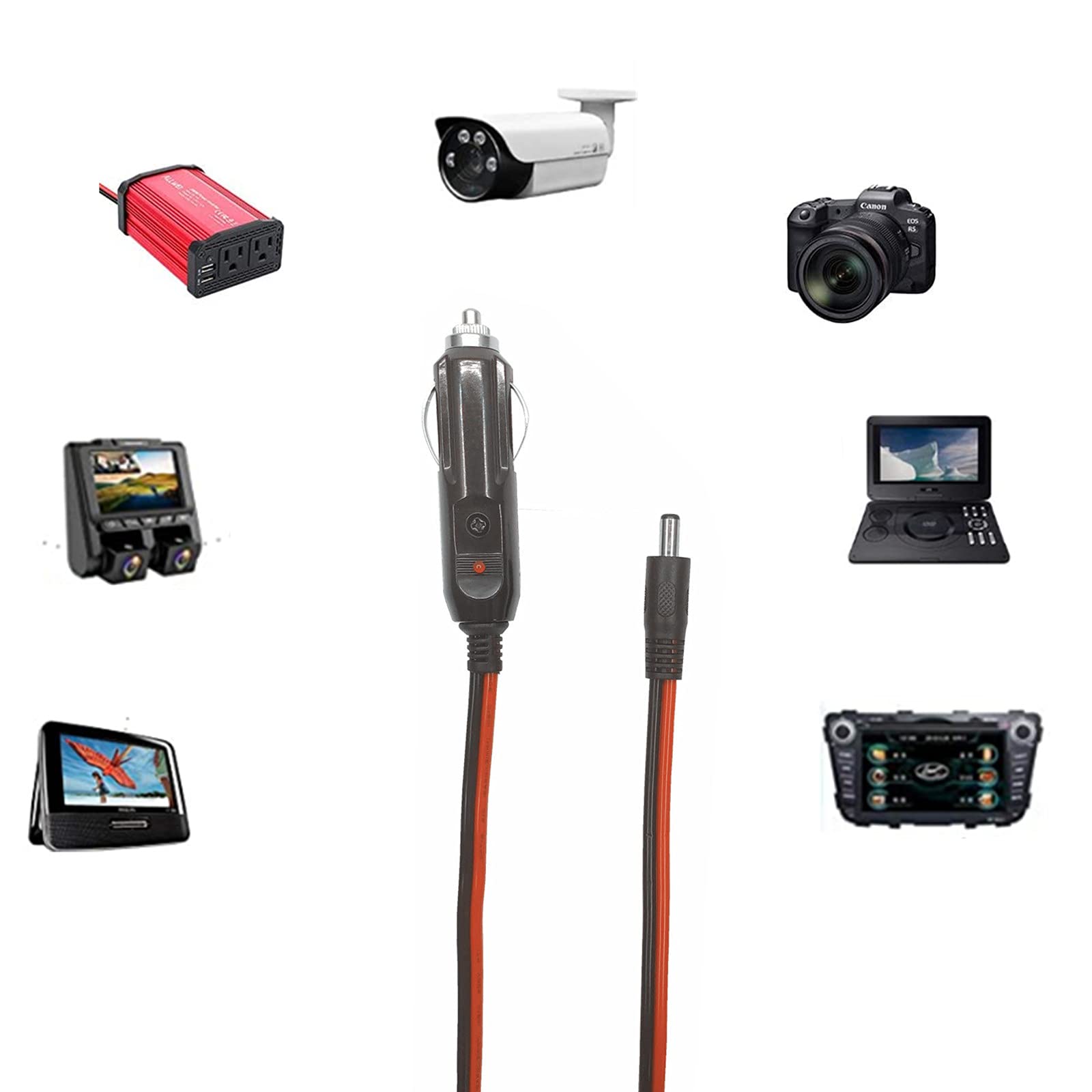 AEISVIK DC 5.5 x 2.1mm Car Charger Power Supply Cord 4ft 12v 24v Cigarette Lighter Male Plug with LED Light 16AWG Wire 15A Fuse for Devices - View 3 of 9