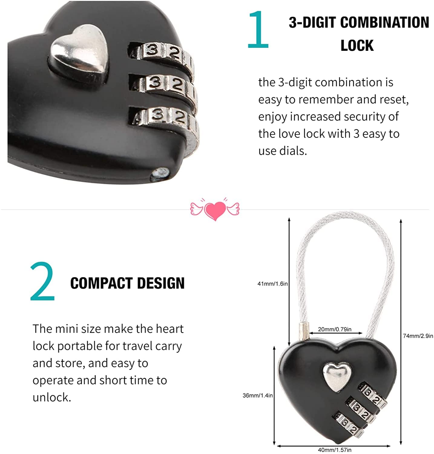 Cuifati Heart Shape Code Lock Compact mini Size with 3 Digit Code Combination for Luggage, Backpack, Jewelry Box, Hall Locker(red) - View 3 of 8