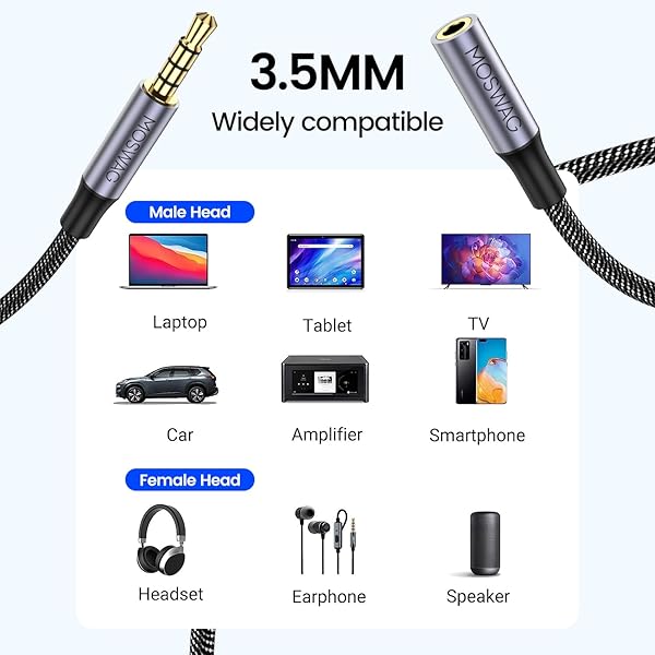 MOSWAG MOSWAG 3.28FT 3.5mm Male to Female Stereo Audio Extension Cable Nylon Braided for Home Car Smartphones Headphones Tablets Media Players - View 2 of 6