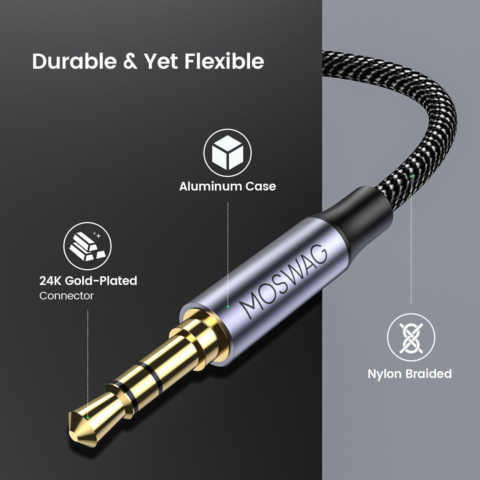 MOSWAG 3.5mm Audio Extension Cable 6.6FT Male to Female Nylon Braided Compatible with Stereos Smartphones Headphones and More - View 5 of 6
