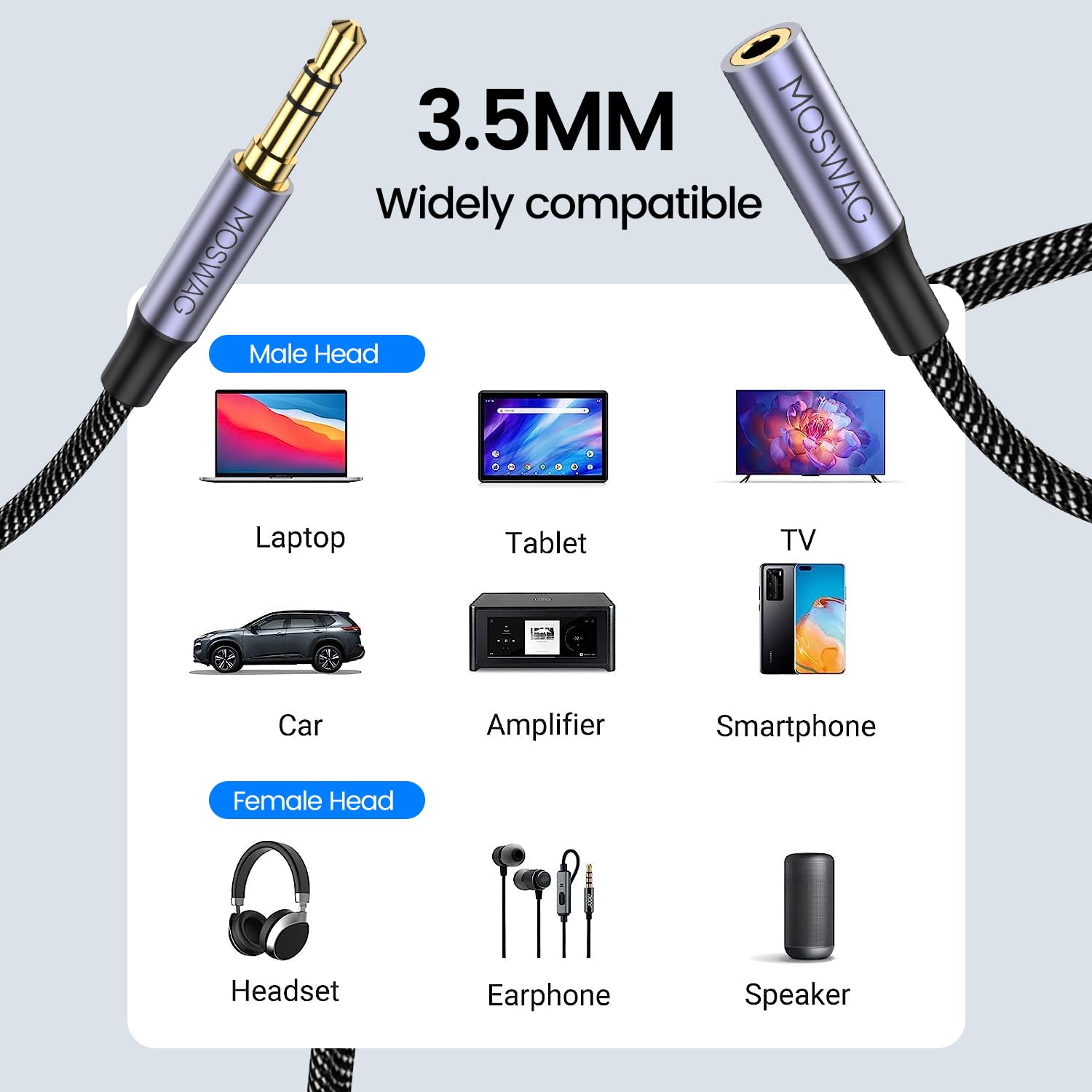 MOSWAG 3.5mm Audio Extension Cable 6.6FT Male to Female Nylon Braided Compatible with Stereos Smartphones Headphones and More - View 6 of 6