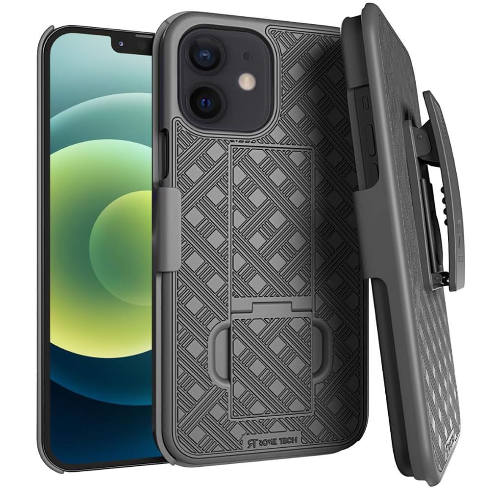Rome Tech Apple iPhone 12 Pro 12 Case with Belt Clip Holster and Kickstand Slim Cover in Black