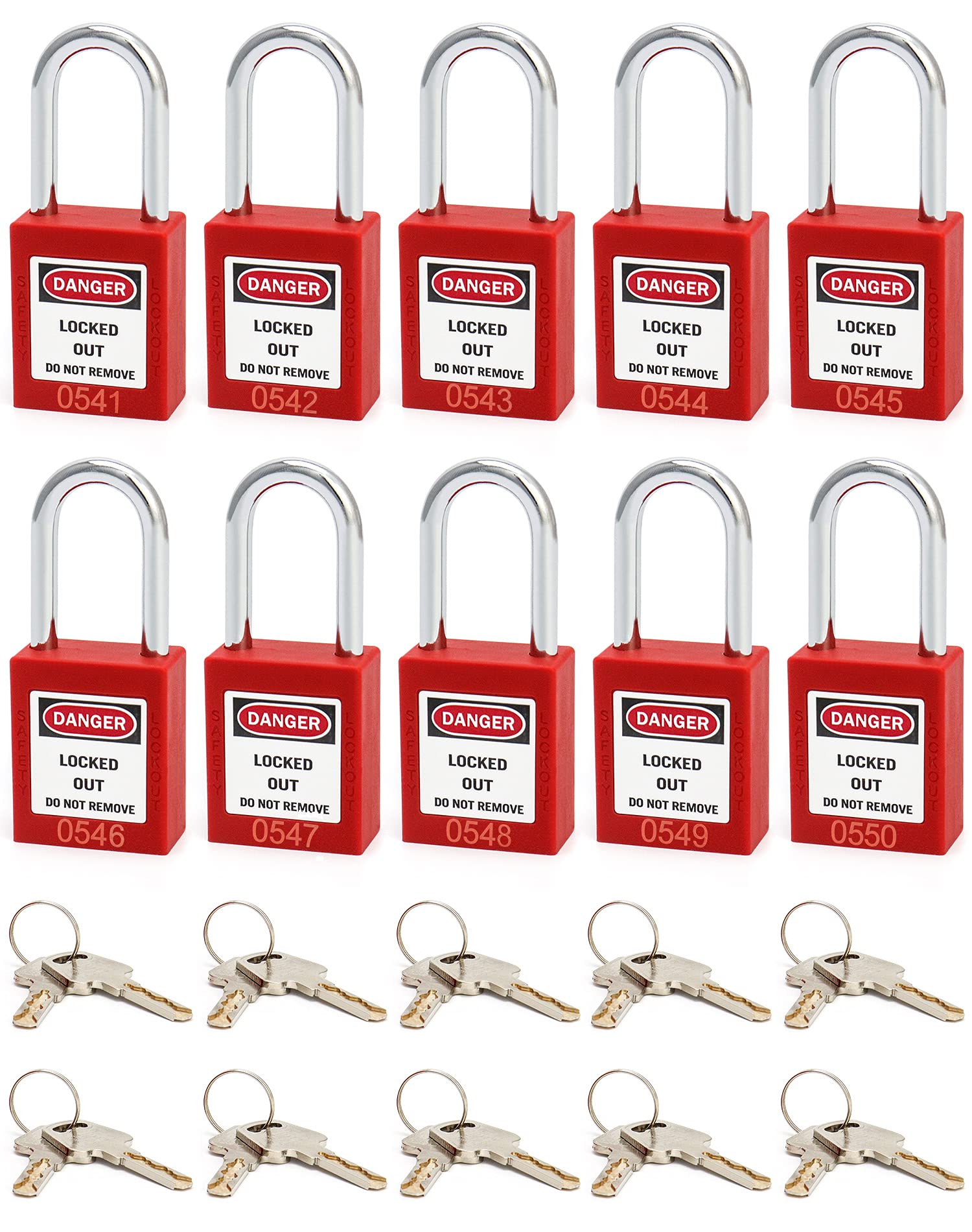 QWORK QWORK Red Lockout Tagout Safety Padlock, 10 Padlocks with 20 Keys, Keyed Different