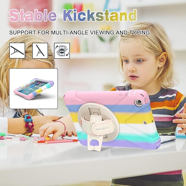 BRAECN BRAECN iPad Mini 3 2 1 Case for Kids Rugged Shockproof Heavy Duty with Hand Strap Shoulder Strap Kickstand Colorful Pink - View 4 of 7