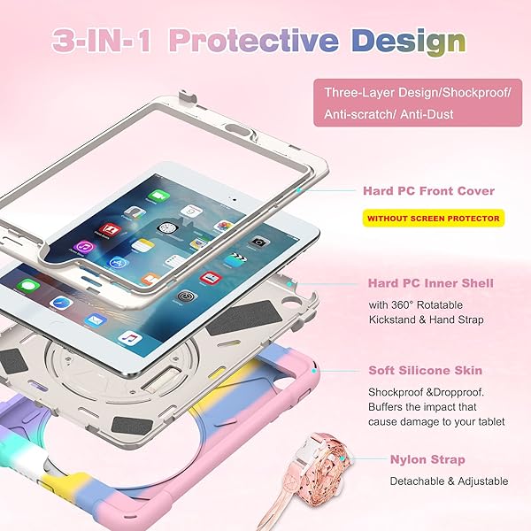 BRAECN BRAECN iPad Mini 3 2 1 Case for Kids Rugged Shockproof Heavy Duty with Hand Strap Shoulder Strap Kickstand Colorful Pink - View 6 of 7
