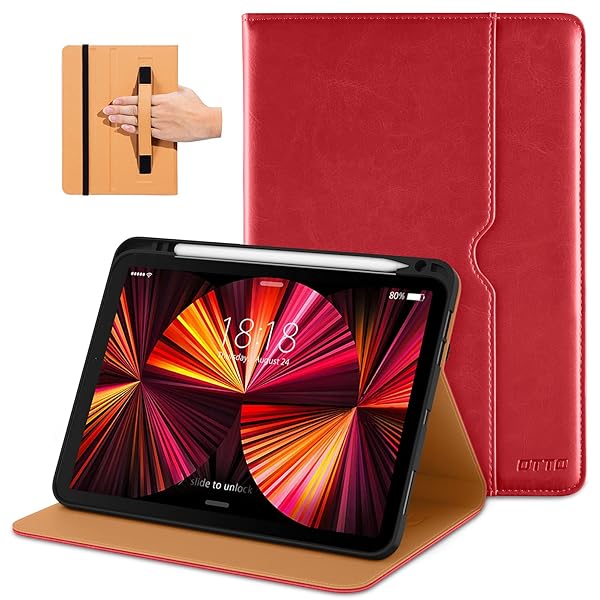 DTTO DTTO iPad Pro 11 Inch Case Premium PU Leather Folio Stand Cover with Hand Strap Auto Wake Sleep Multiple Viewing Angles Red