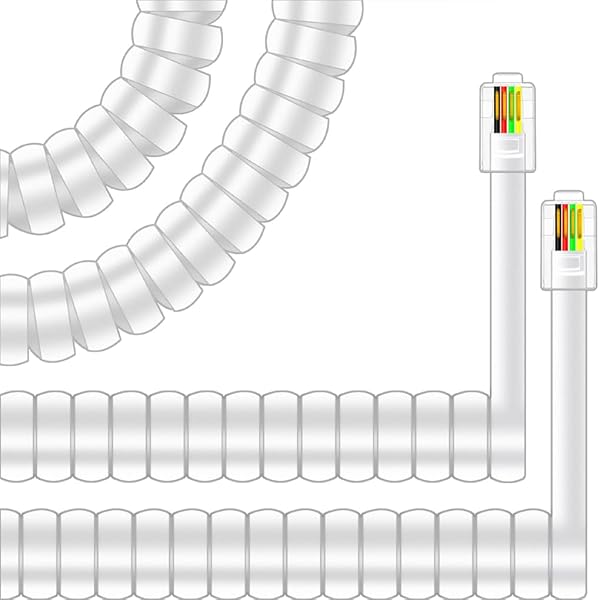NECABLES 2Pack Curly Coiled Phone Cord for Landline Telephone Handset RJ9 Male to Male White