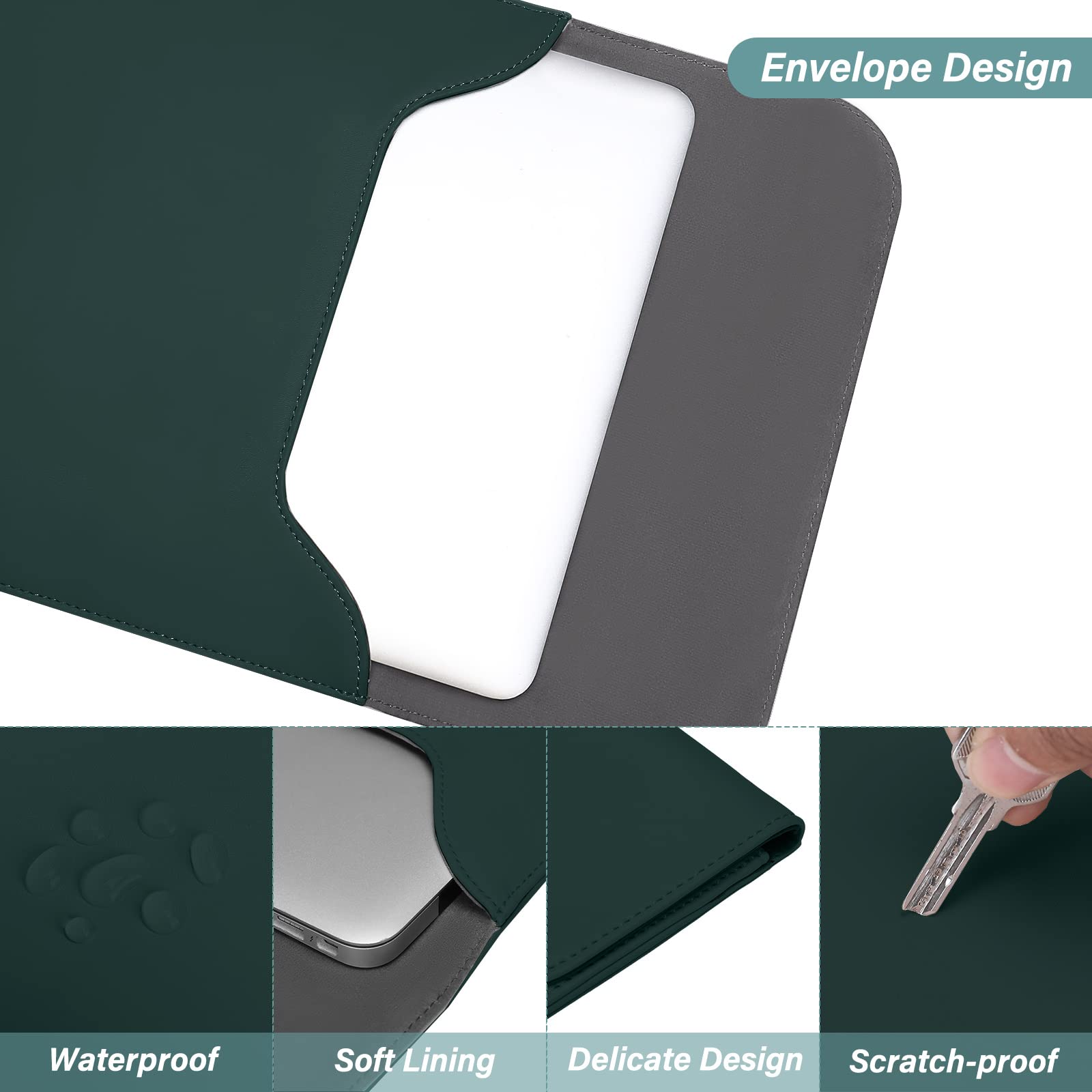 MOSISO 13 Inch Laptop Case Sleeve for MacBook Air Pro M2 M1 Faux Suede Leather Peacock Green with Small Bag - View 3 of 7