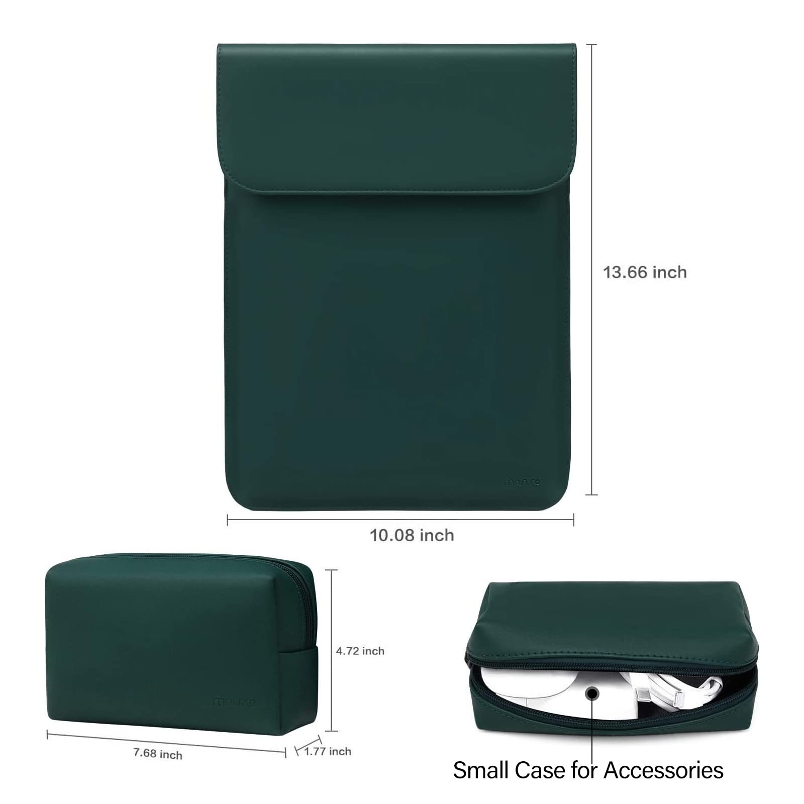 MOSISO 13 Inch Laptop Case Sleeve for MacBook Air Pro M2 M1 Faux Suede Leather Peacock Green with Small Bag - View 4 of 7