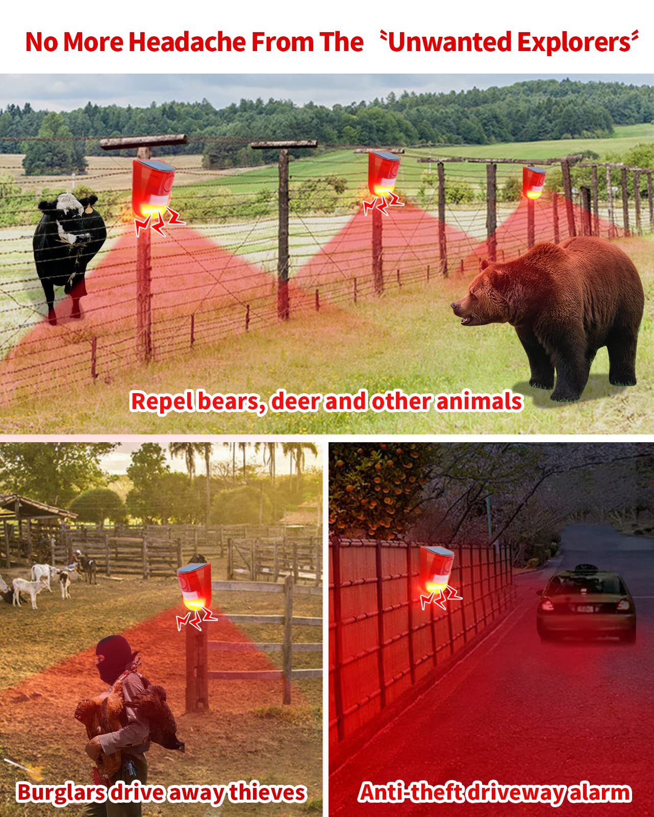 ChunHee ChunHee Solar Sound and Light Alarm Outdoor Motion Sensor 129db Siren Sound Alert and 6LEDs Flash Warning Security Alarm System for Villa, Farm, - View 5 of 7