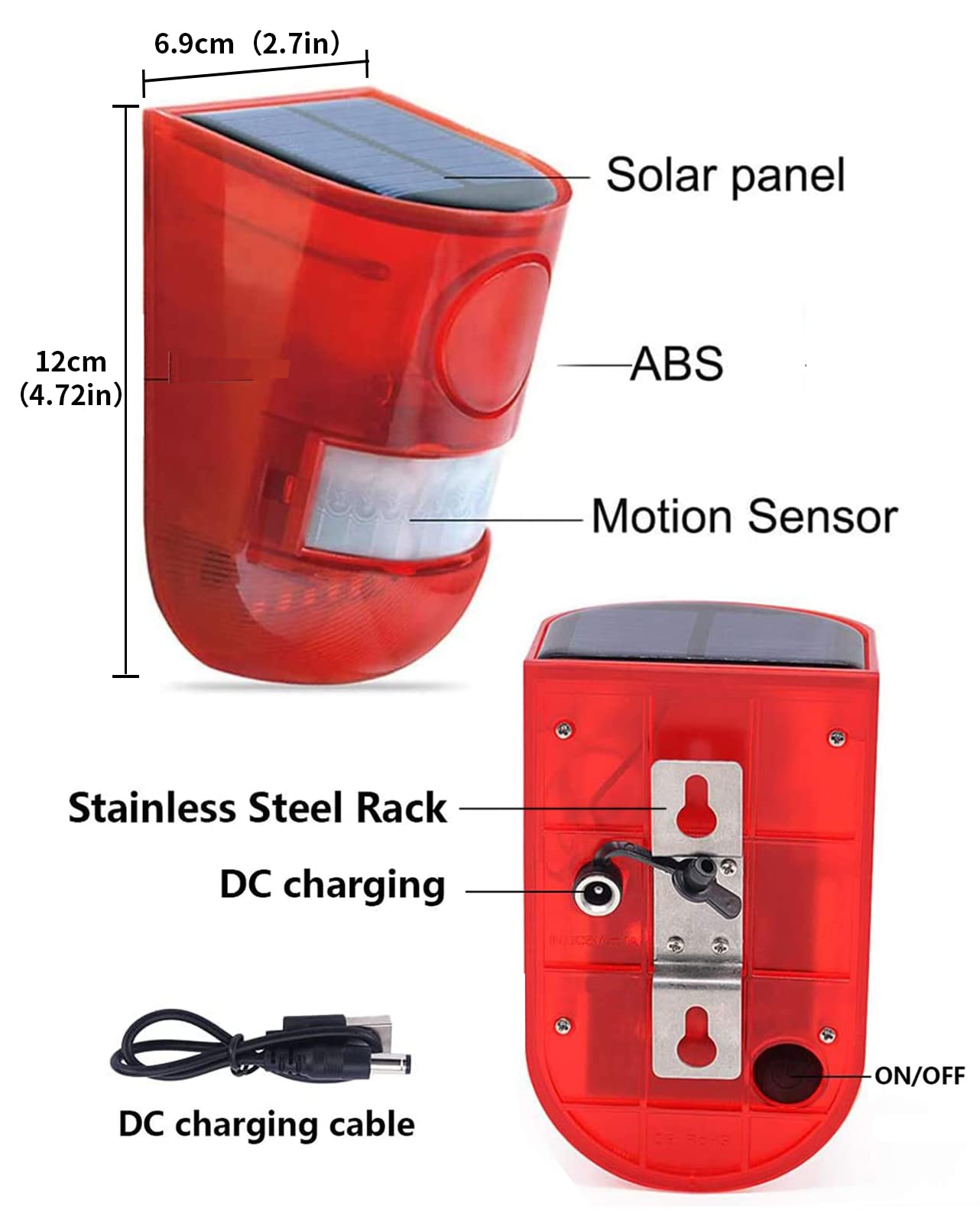 ChunHee ChunHee Solar Sound and Light Alarm Outdoor Motion Sensor 129db Siren Sound Alert and 6LEDs Flash Warning Security Alarm System for Villa, Farm, - View 6 of 7