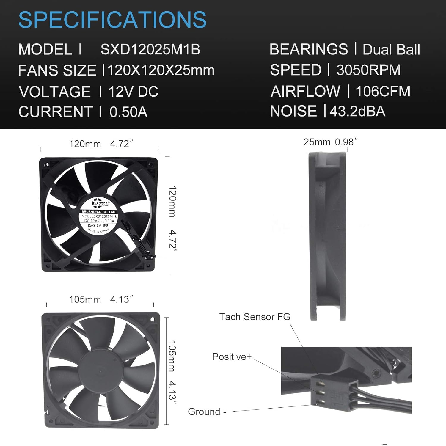 SXDOOL SXDOOL 120MM 12V Waterproof PC Cooling Fan High Speed Dual Ball Bearing for Optimal Air Flow - View 4 of 7