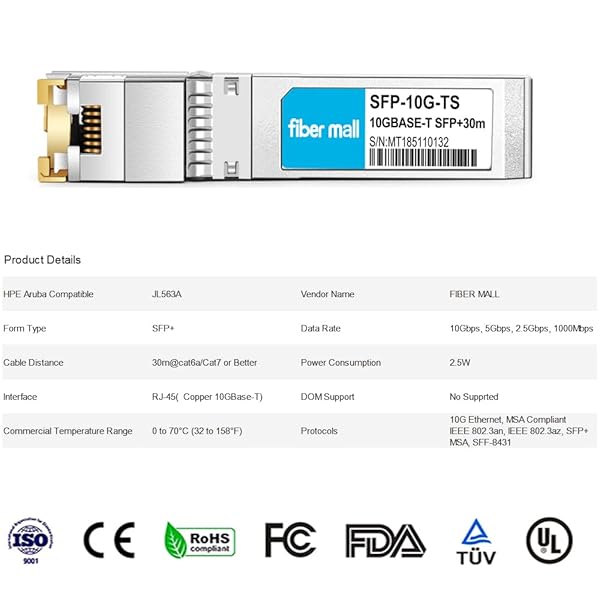 fiber mall 10GBASE-T SFP+ to RJ45 for HPE Aruba JL563A Compatible 10G Copper RJ-45 30m Transceiver Module - View 2 of 6