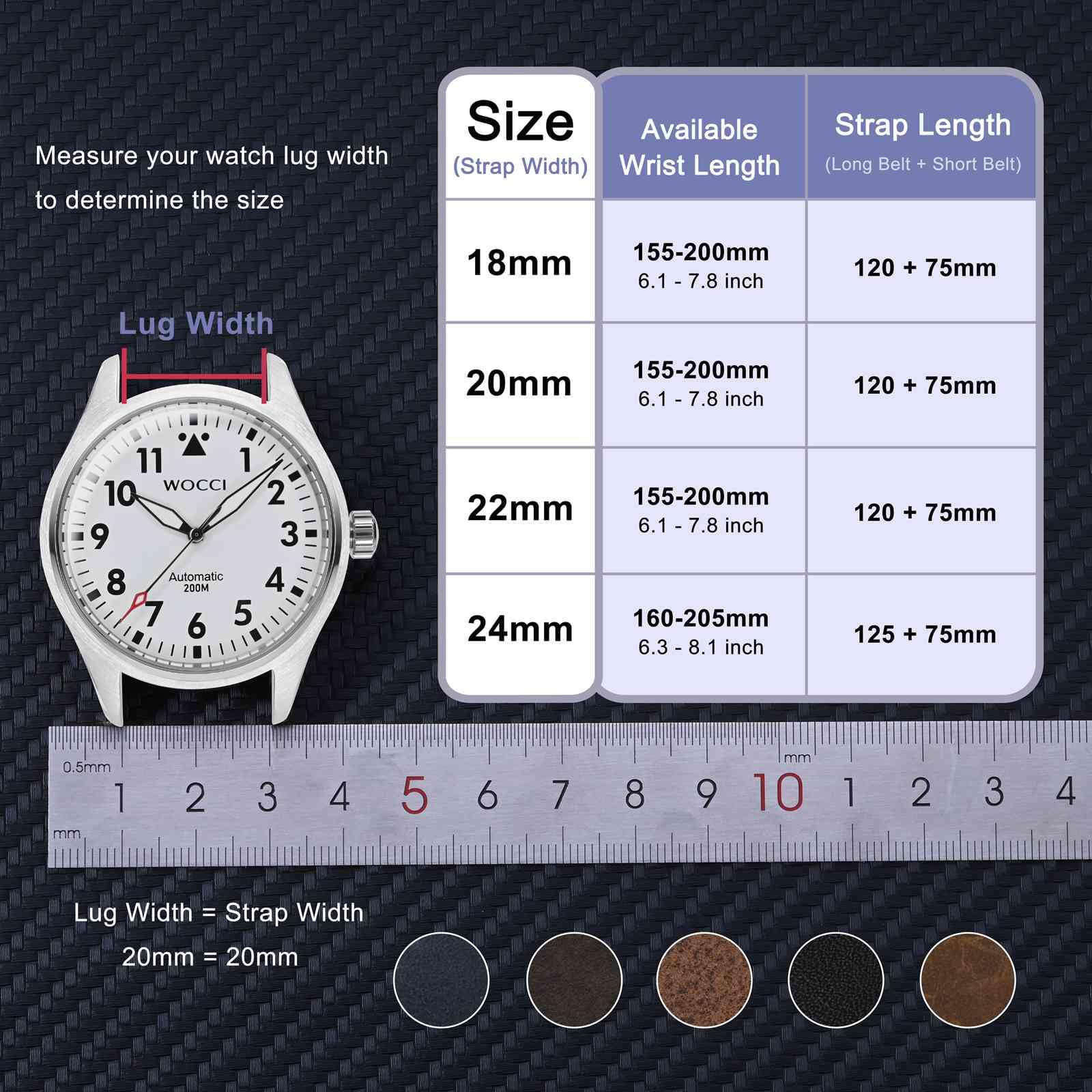 WOCCI WOCCI 20mm Watch Band, Pull Up Leather, Polished Silver Buckle (Black) - View 3 of 9