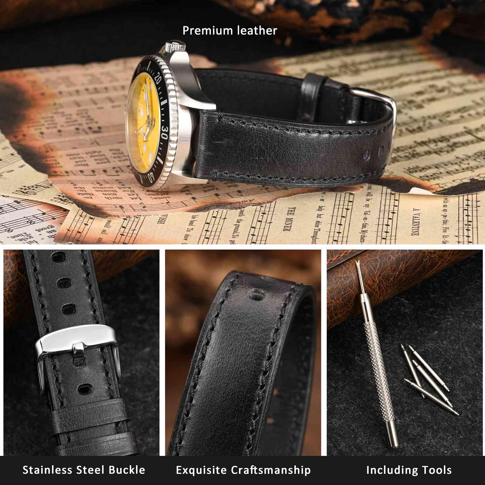 WOCCI WOCCI 20mm Watch Band, Pull Up Leather, Polished Silver Buckle (Black) - View 4 of 9