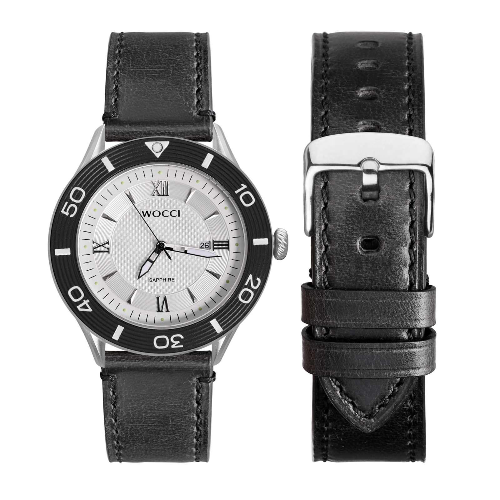 WOCCI WOCCI 20mm Watch Band, Pull Up Leather, Polished Silver Buckle (Black) - View 5 of 9