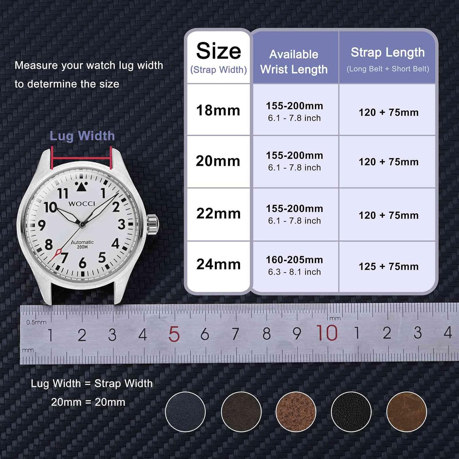 WOCCI WOCCI Men's Leisure Business Style Watch Bands Germany Cowhide Leather Stainless Steel Buckle 18mm 20mm 22mm 24mm Black Buckle 20mm Bund - View 3 of 9