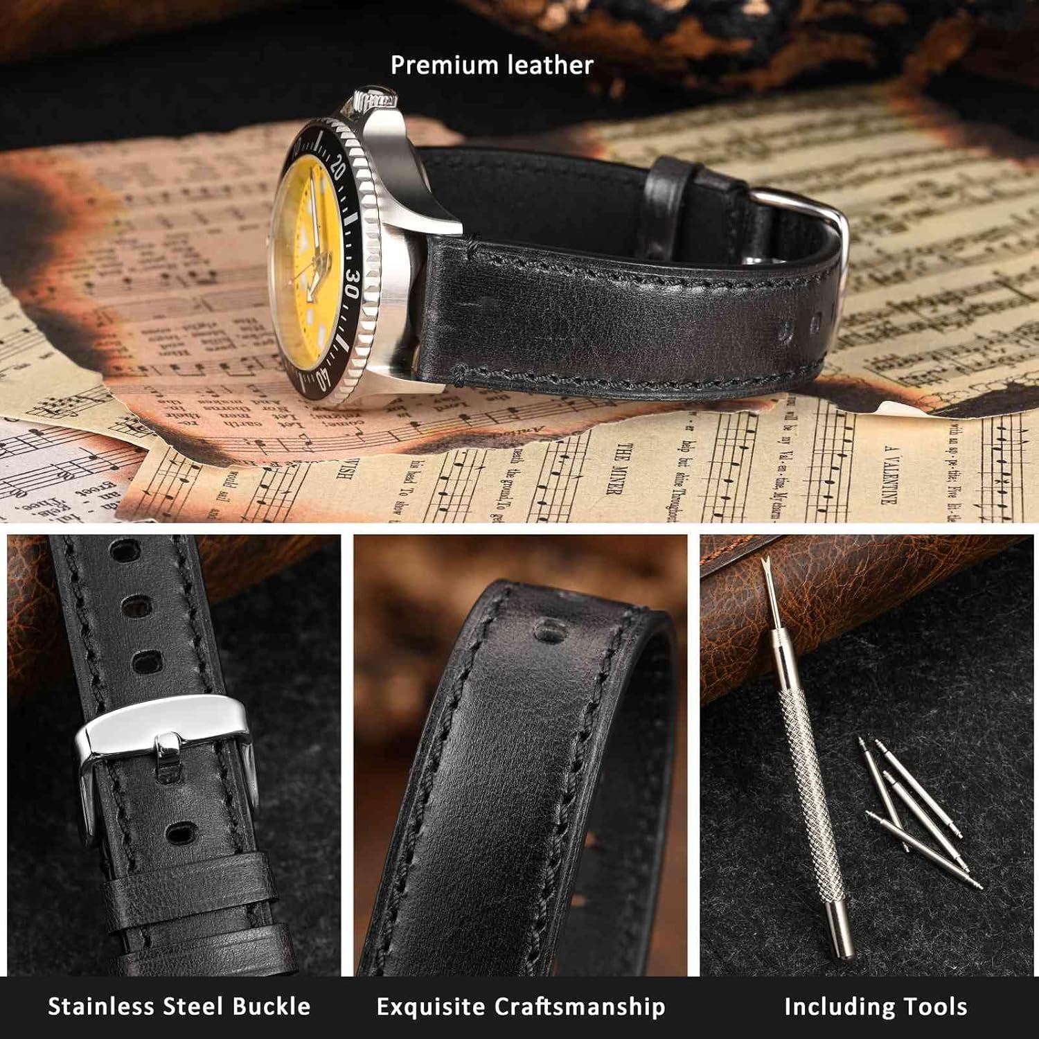 WOCCI WOCCI Men's Leisure Business Style Watch Bands Germany Cowhide Leather Stainless Steel Buckle 18mm 20mm 22mm 24mm Black Buckle 20mm Bund - View 4 of 9