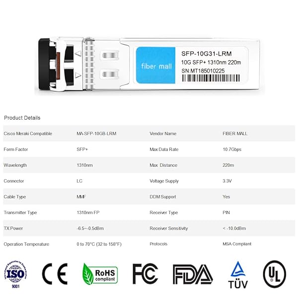 fiber mall 10G SFP LRM Module for Cisco Meraki MA-SFP-10GB-LRM 10GBASE-LRM 1310nm 220m/300m LC DOM MMF SMF Transceiver - View 6 of 6