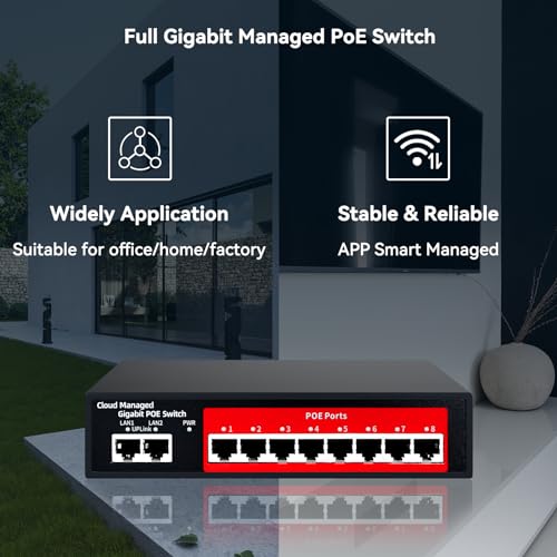 STEAMEMO STEAMEMO 10-Port Gigabit Managed PoE Switch with 8 PoE+ Ports 120W 2 Uplink Ports VLAN Fanless Plug and Play Metal Desktop Wall-Mount - View 9 of 9