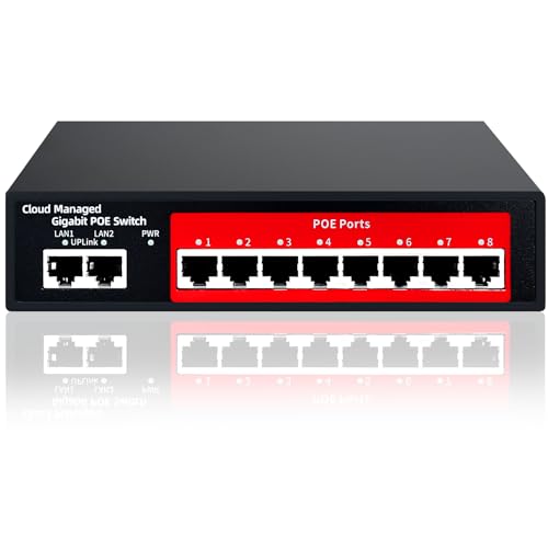 STEAMEMO STEAMEMO 10-Port Gigabit Managed PoE Switch with 8 PoE+ Ports 120W 2 Uplink Ports VLAN Fanless Plug and Play Metal Desktop Wall-Mount