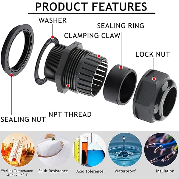 PENGLIN PENGLIN NPT1-1/4 Inch Nylon Cable Glands IP68 Waterproof Strain Relief Connector Black 5 Pack - View 2 of 7